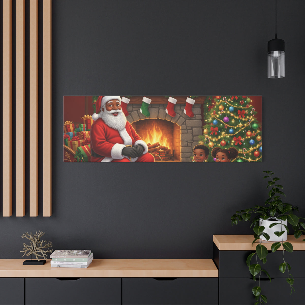 Christmas Santa Visit Canvas — Kids by the Fireplace Holiday Wall Art