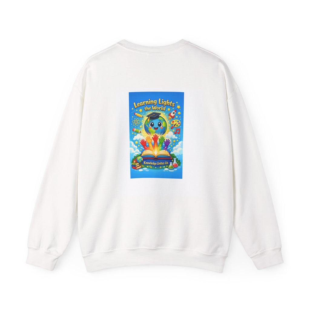 Crewneck Sweatshirt — "Learning Lights the World" Cute Graduation Earth Character Kids Educator Gift