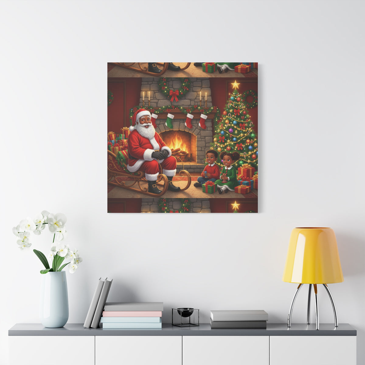 Christmas Santa Visit Canvas — Kids by the Fireplace Holiday Wall Art