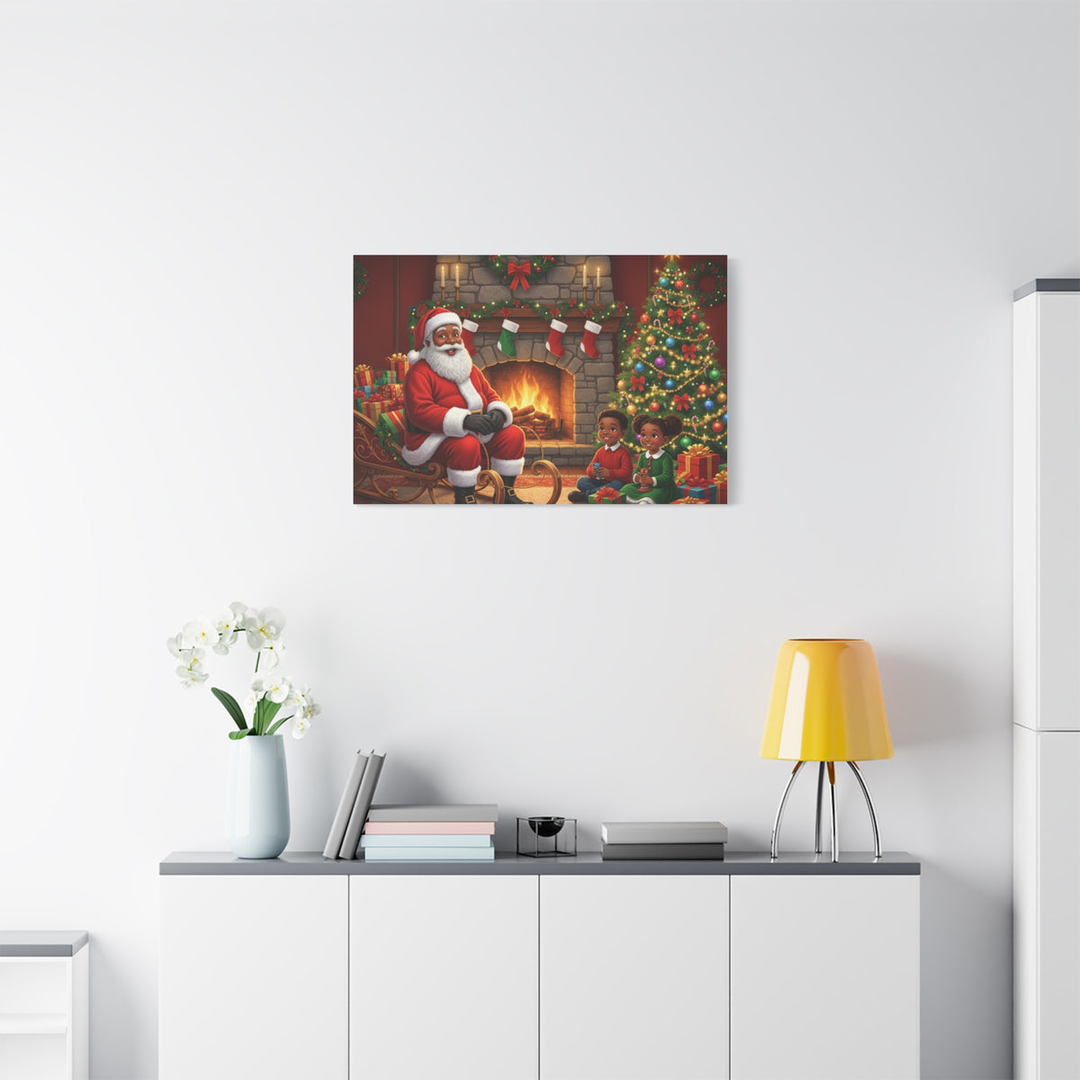 Christmas Santa Visit Canvas — Kids by the Fireplace Holiday Wall Art