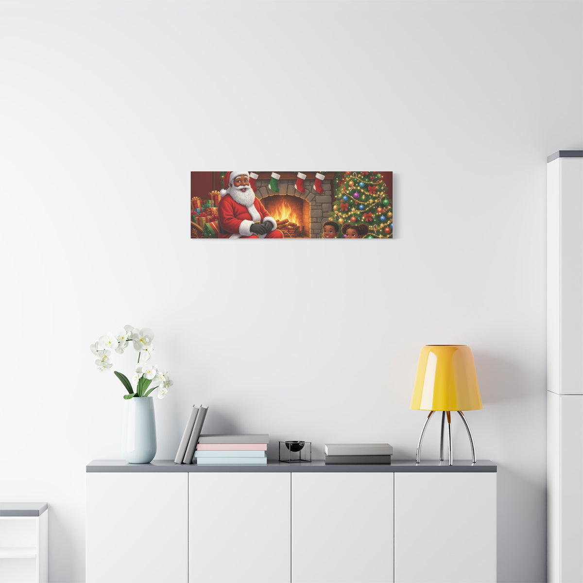 Christmas Santa Visit Canvas — Kids by the Fireplace Holiday Wall Art