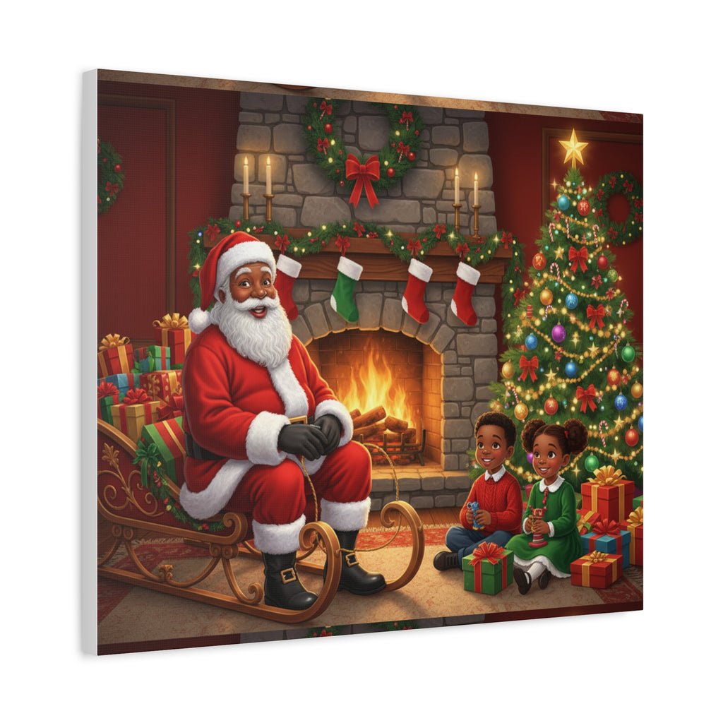 Christmas Santa Visit Canvas — Kids by the Fireplace Holiday Wall Art