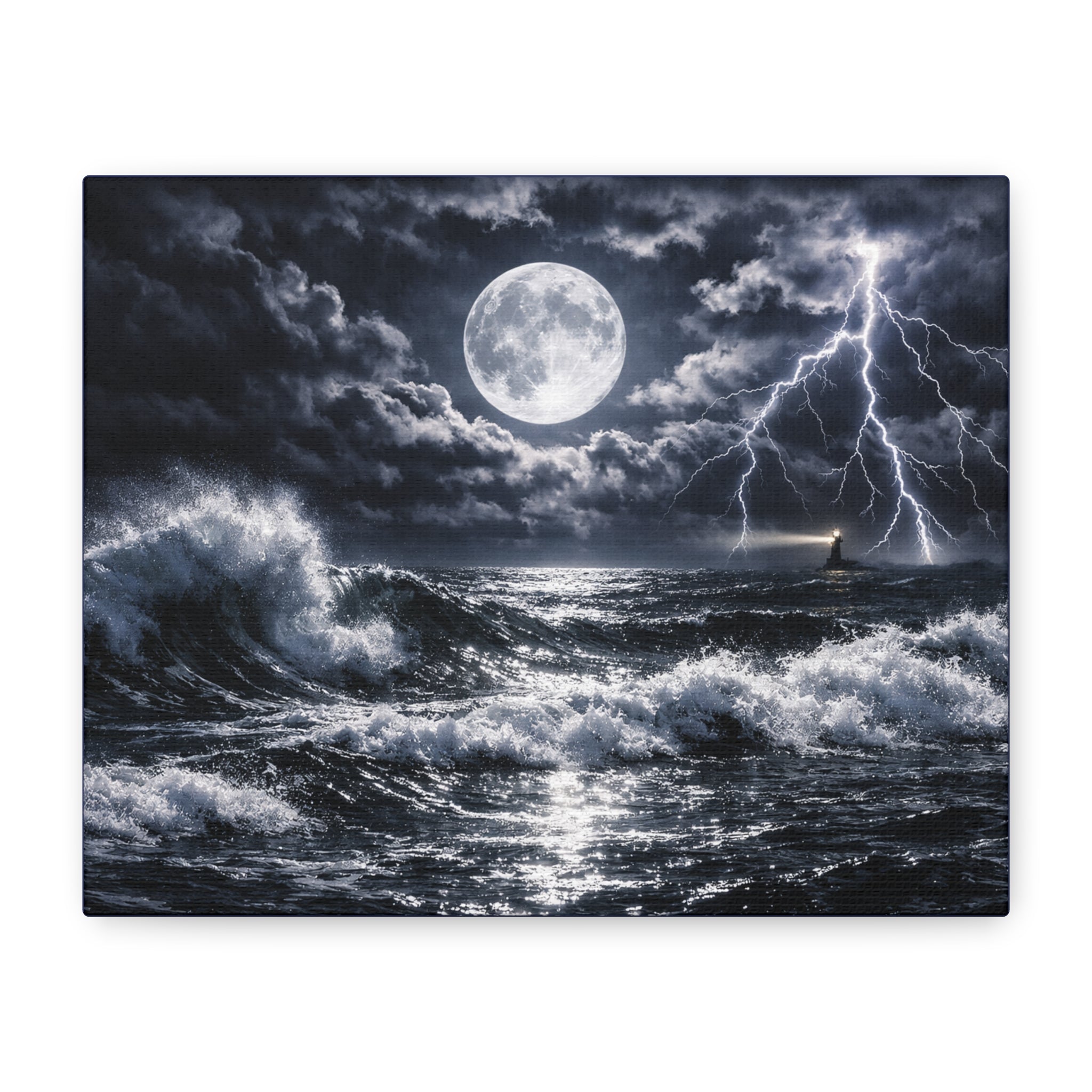 Stormy Moonlit Ocean Canvas Print — Dramatic Lighthouse Wall Art