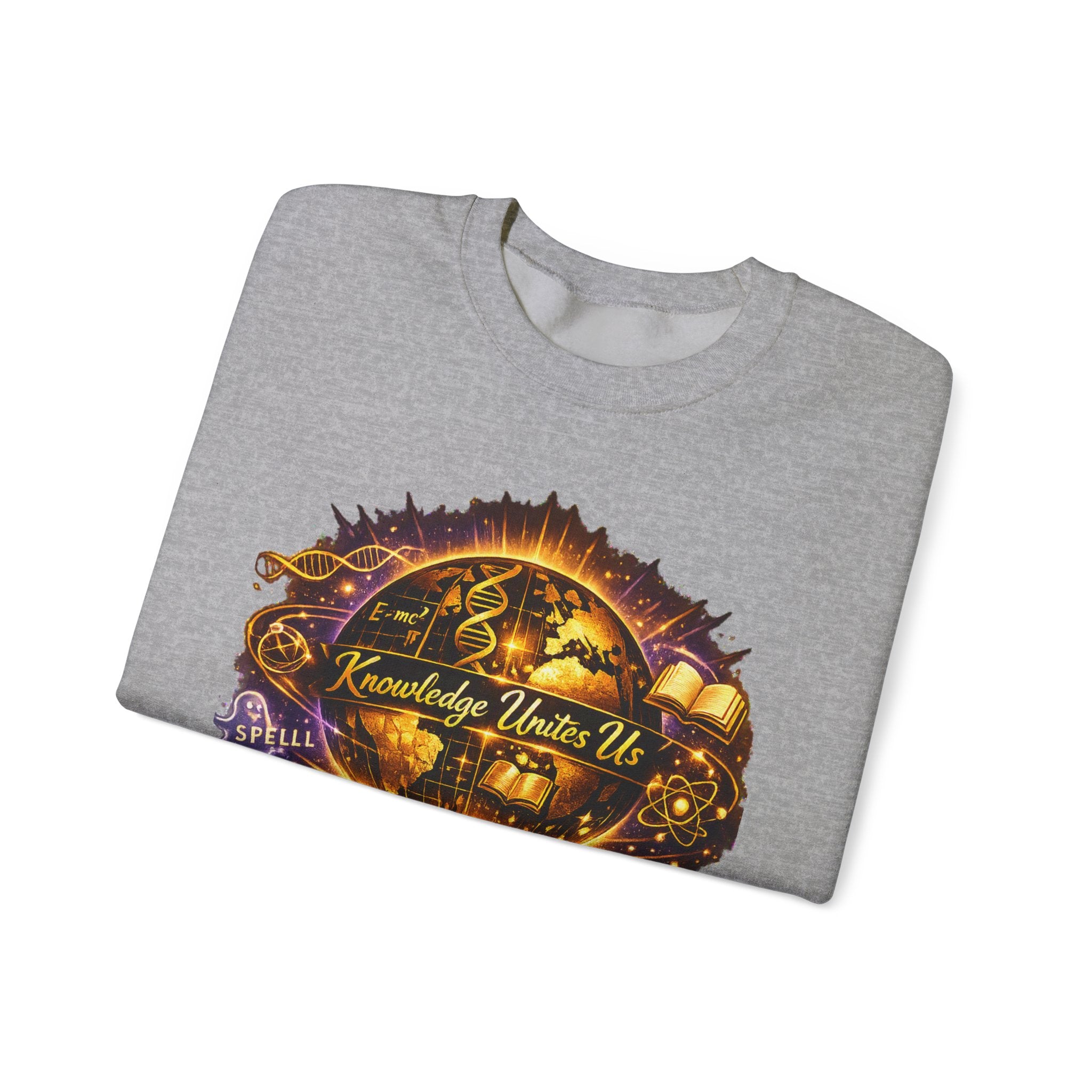 Crewneck Sweatshirt — 'Knowledge Unites Us' Cosmic Book & Community Graphic