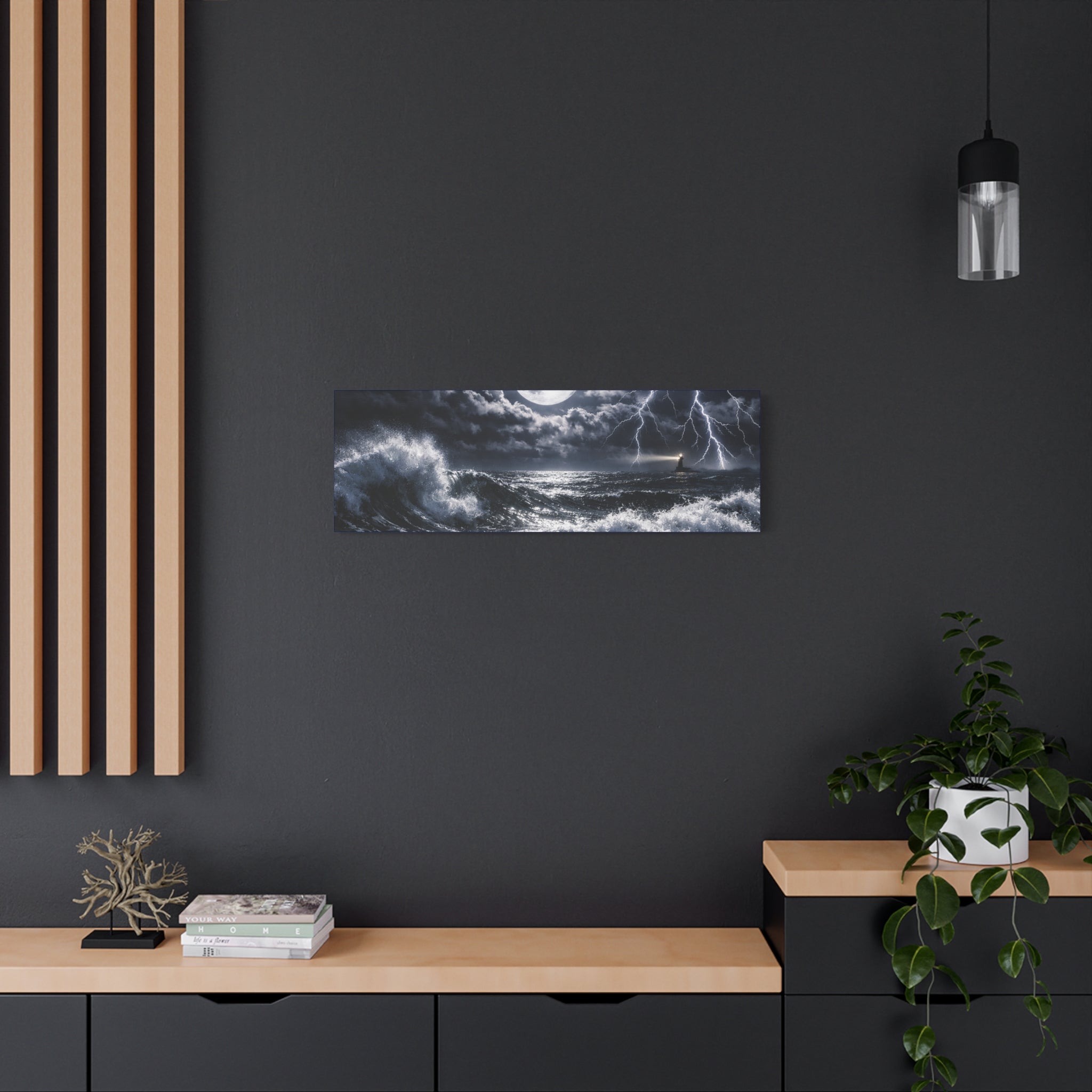 Stormy Moonlit Ocean Canvas Print — Dramatic Lighthouse Wall Art