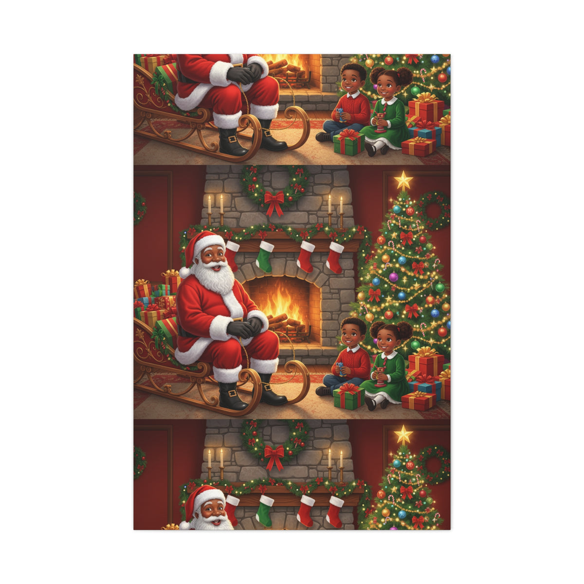 Christmas Santa Visit Canvas — Kids by the Fireplace Holiday Wall Art
