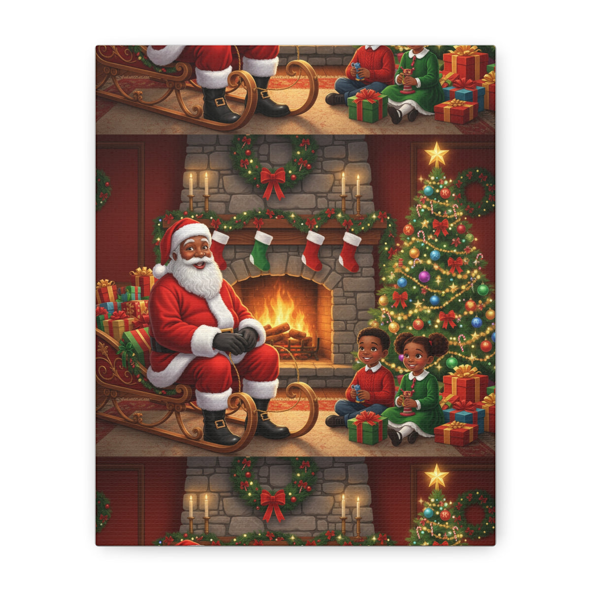 Christmas Santa Visit Canvas — Kids by the Fireplace Holiday Wall Art