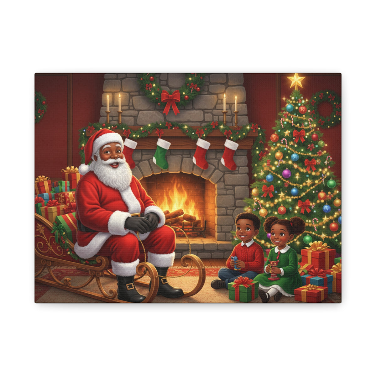 Christmas Santa Visit Canvas — Kids by the Fireplace Holiday Wall Art