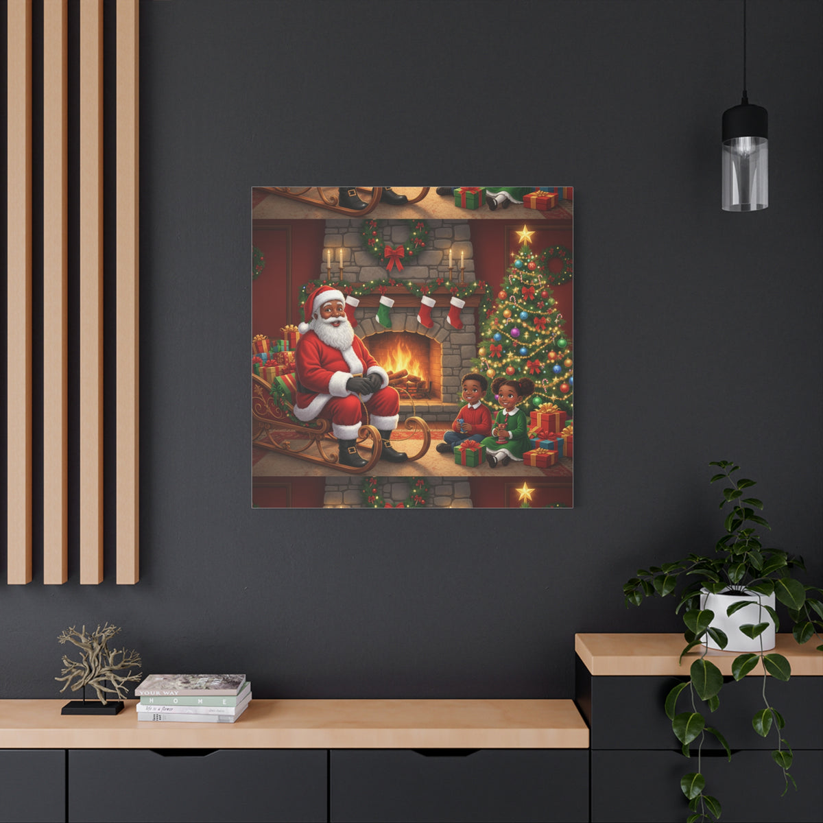 Christmas Santa Visit Canvas — Kids by the Fireplace Holiday Wall Art
