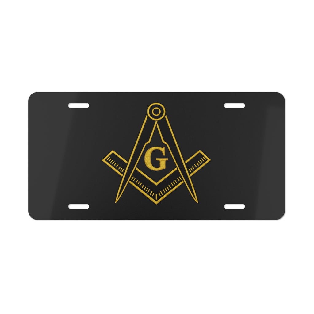 Masonic Square & Compass Vanity License Plate — Gold Emblem on Black