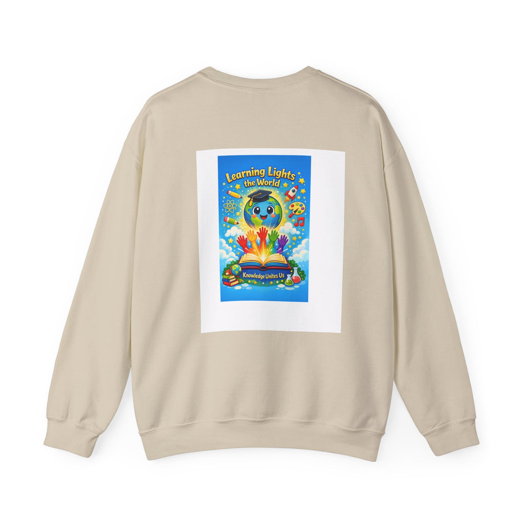 Crewneck Sweatshirt — "Learning Lights the World" Cute Graduation Earth Character Kids Educator Gift