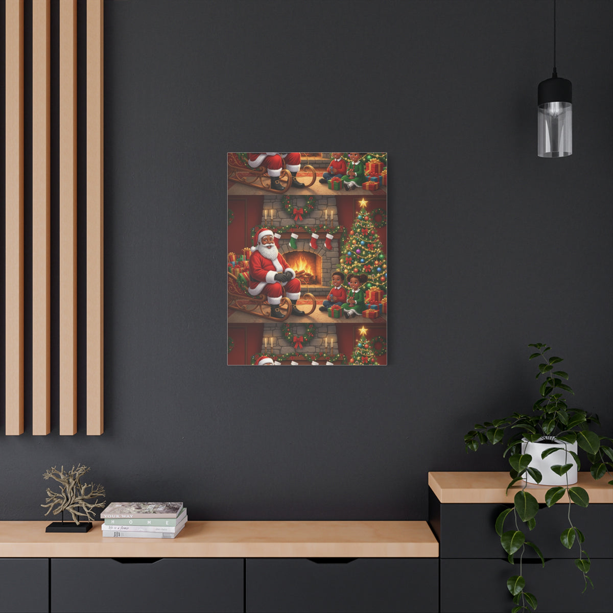 Christmas Santa Visit Canvas — Kids by the Fireplace Holiday Wall Art