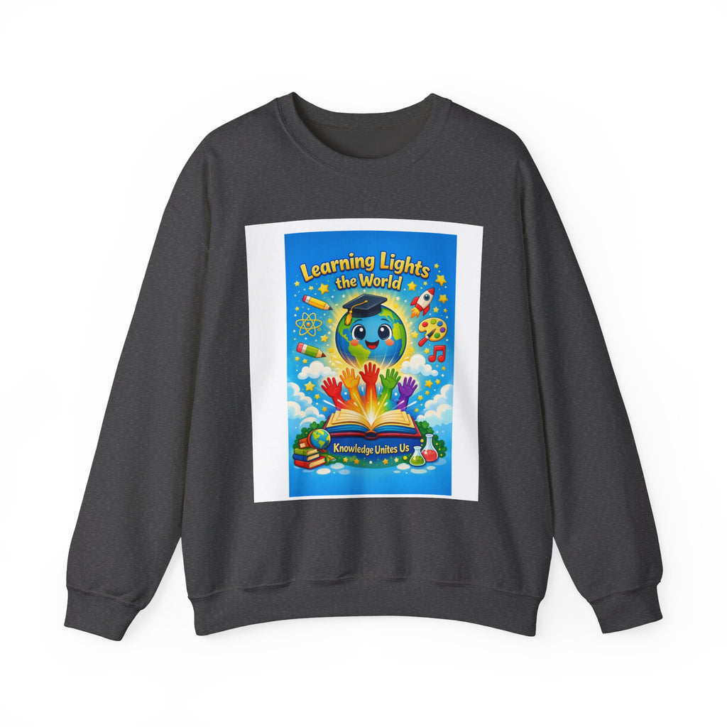 Crewneck Sweatshirt — "Learning Lights the World" Cute Graduation Earth Character Kids Educator Gift