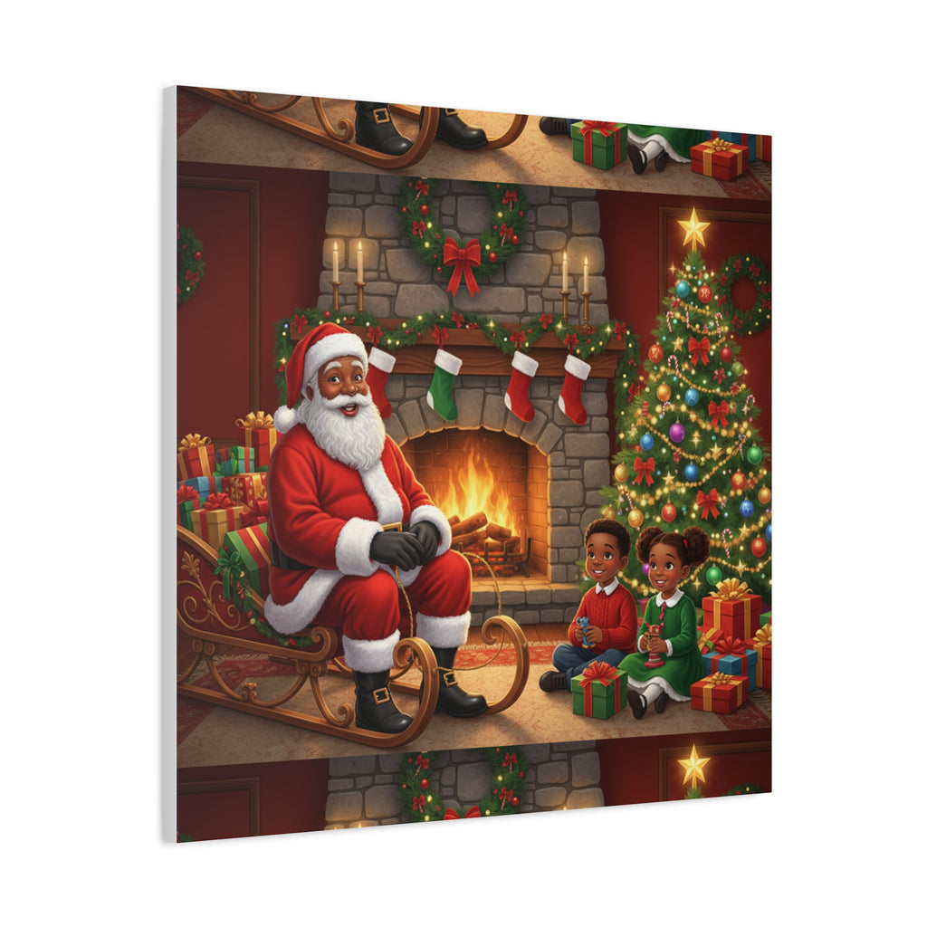 Christmas Santa Visit Canvas — Kids by the Fireplace Holiday Wall Art