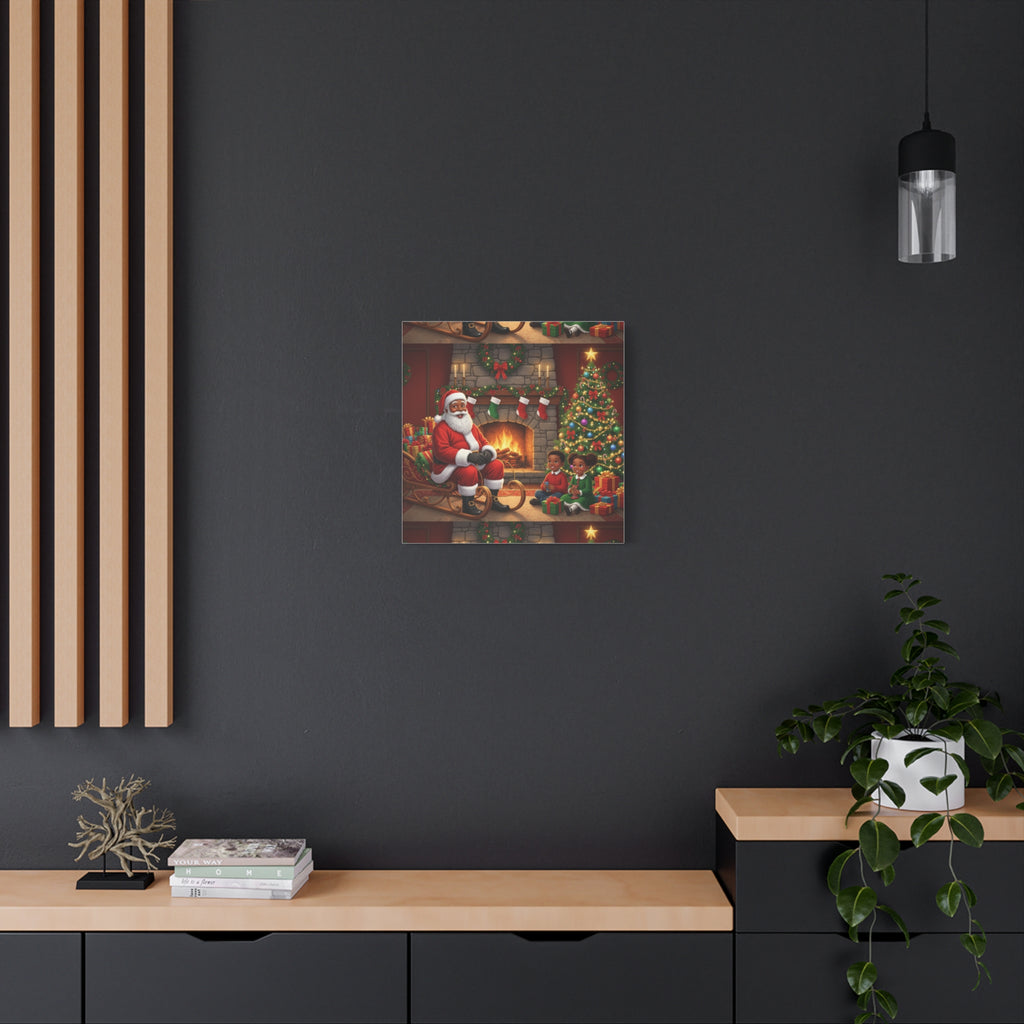 Christmas Santa Visit Canvas — Kids by the Fireplace Holiday Wall Art