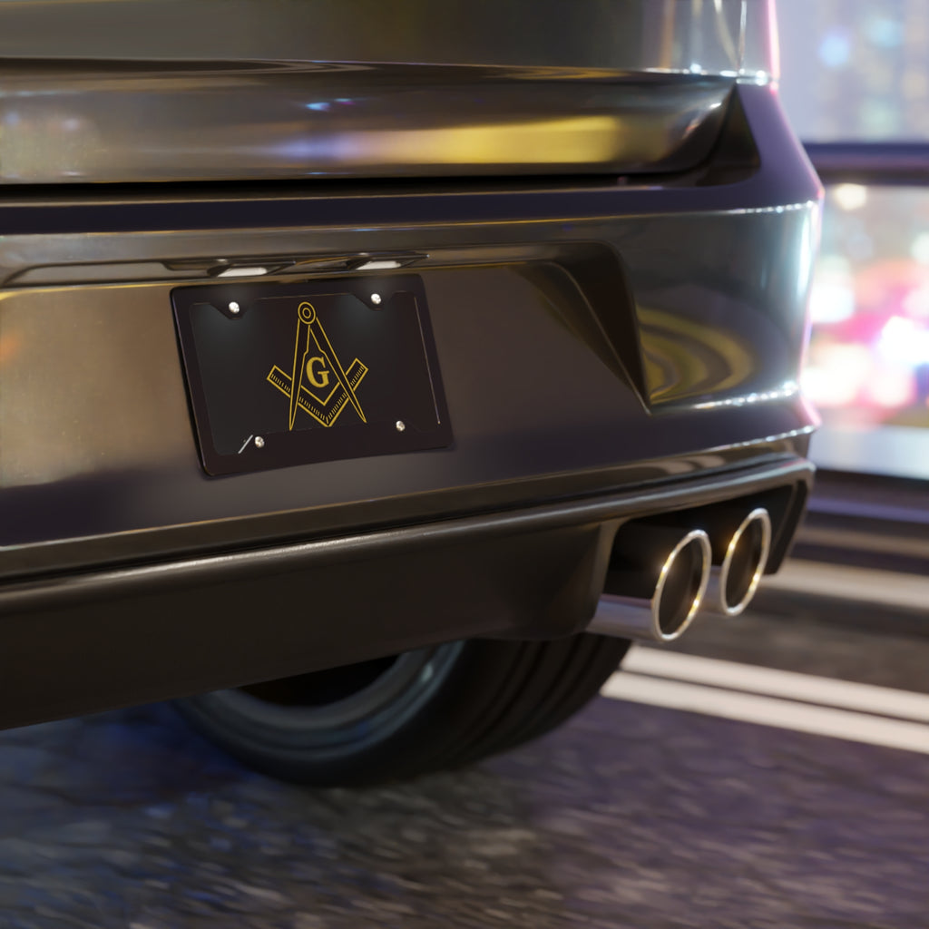 Masonic Square & Compass Vanity License Plate — Gold Emblem on Black