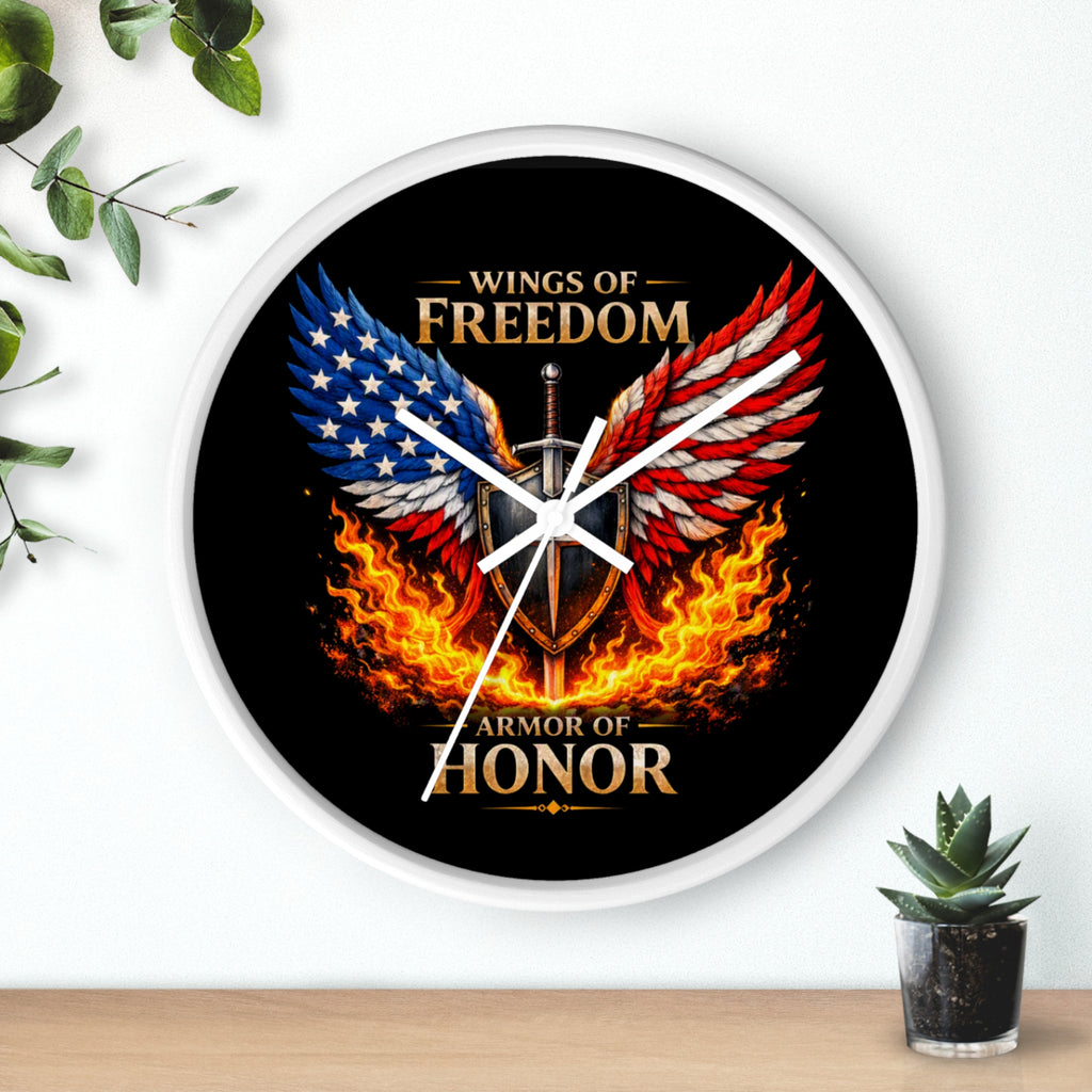Wall Clock — Wings of Freedom Armor of Honor Patriotic American Eagle Flame Clock