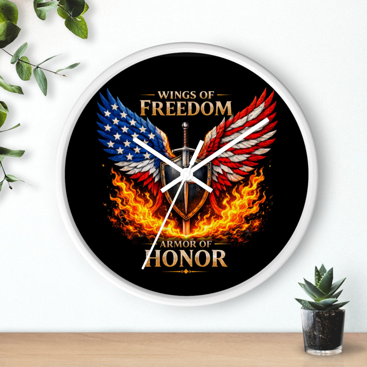 Wall Clock — Wings of Freedom Armor of Honor Patriotic American Eagle Flame Clock