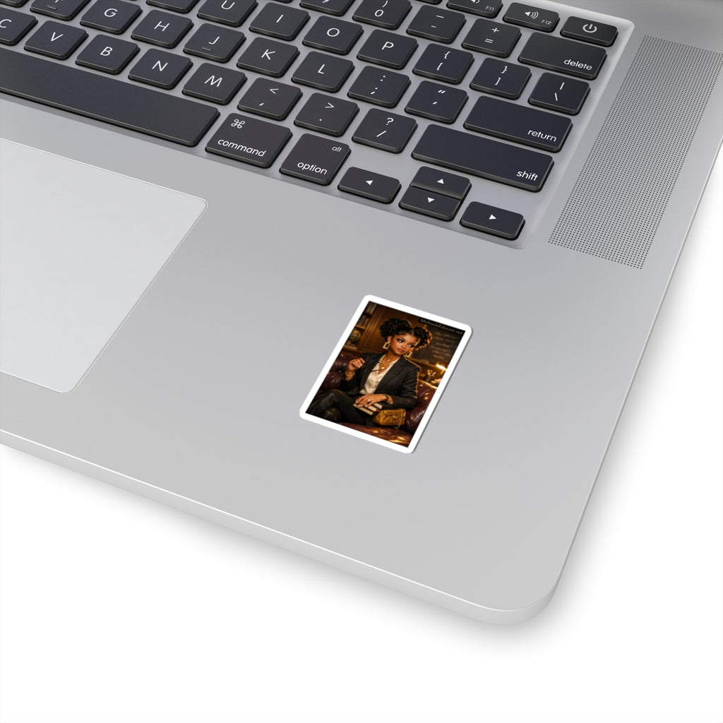 Kiss-Cut Sticker — Elegant Black Woman Scholar Portrait (Vintage Library Vibe)