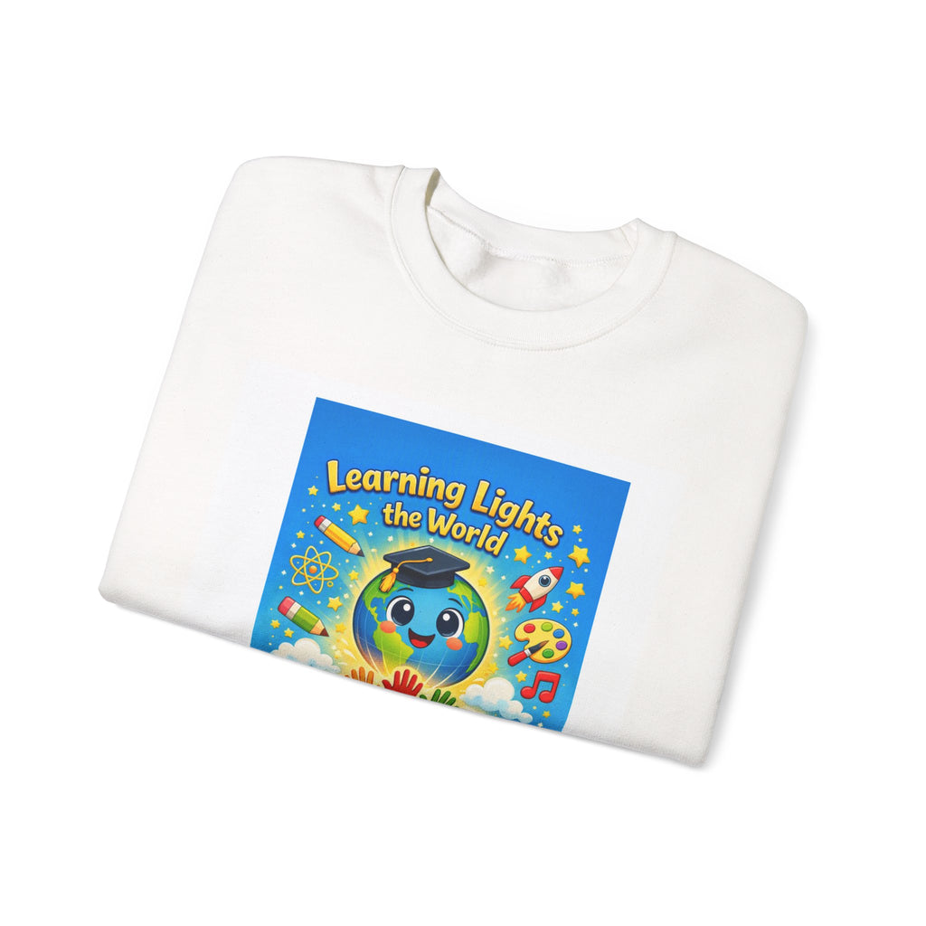Crewneck Sweatshirt — "Learning Lights the World" Cute Graduation Earth Character Kids Educator Gift