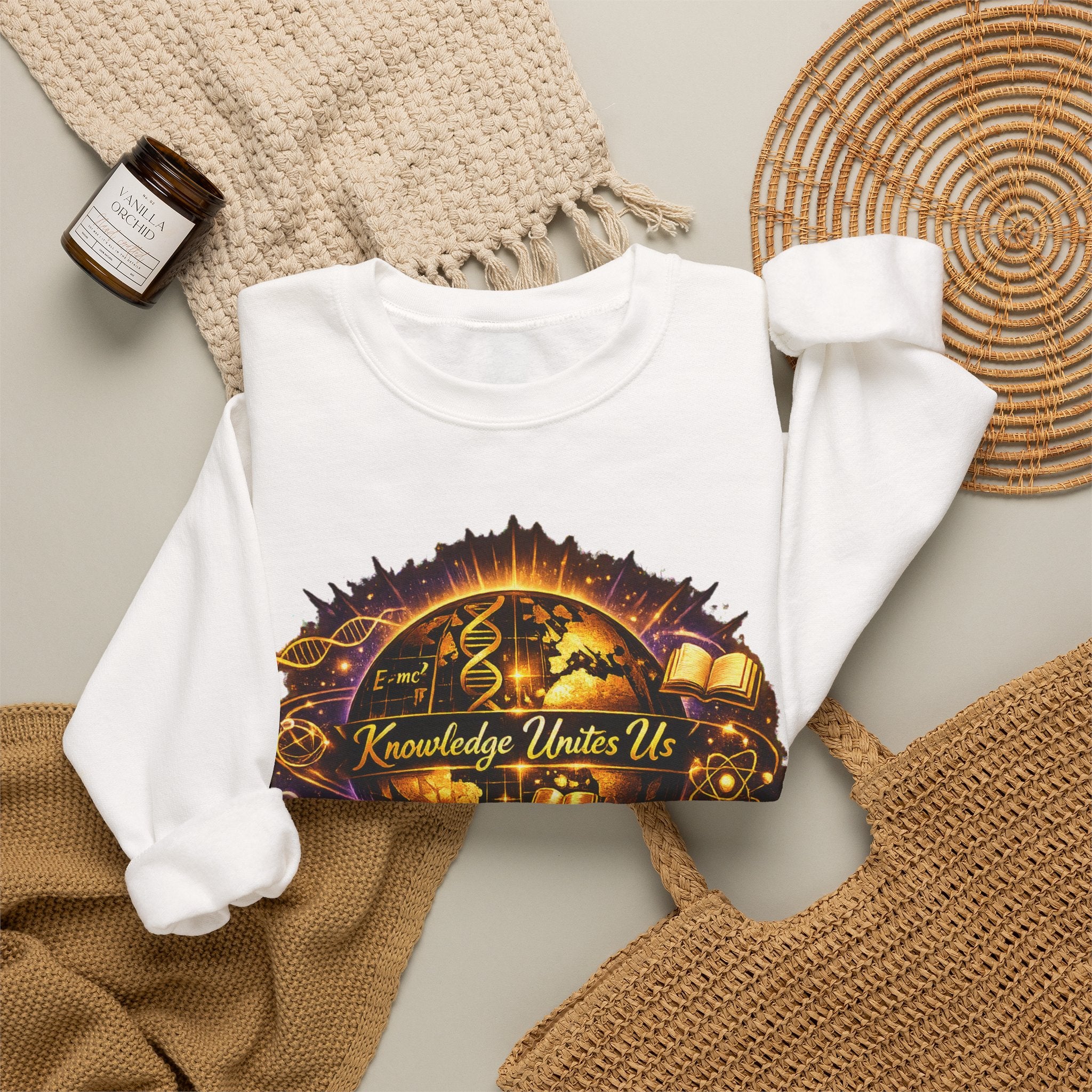 Crewneck Sweatshirt — "Knowledge Unites Us" Cosmic Music Festival Design