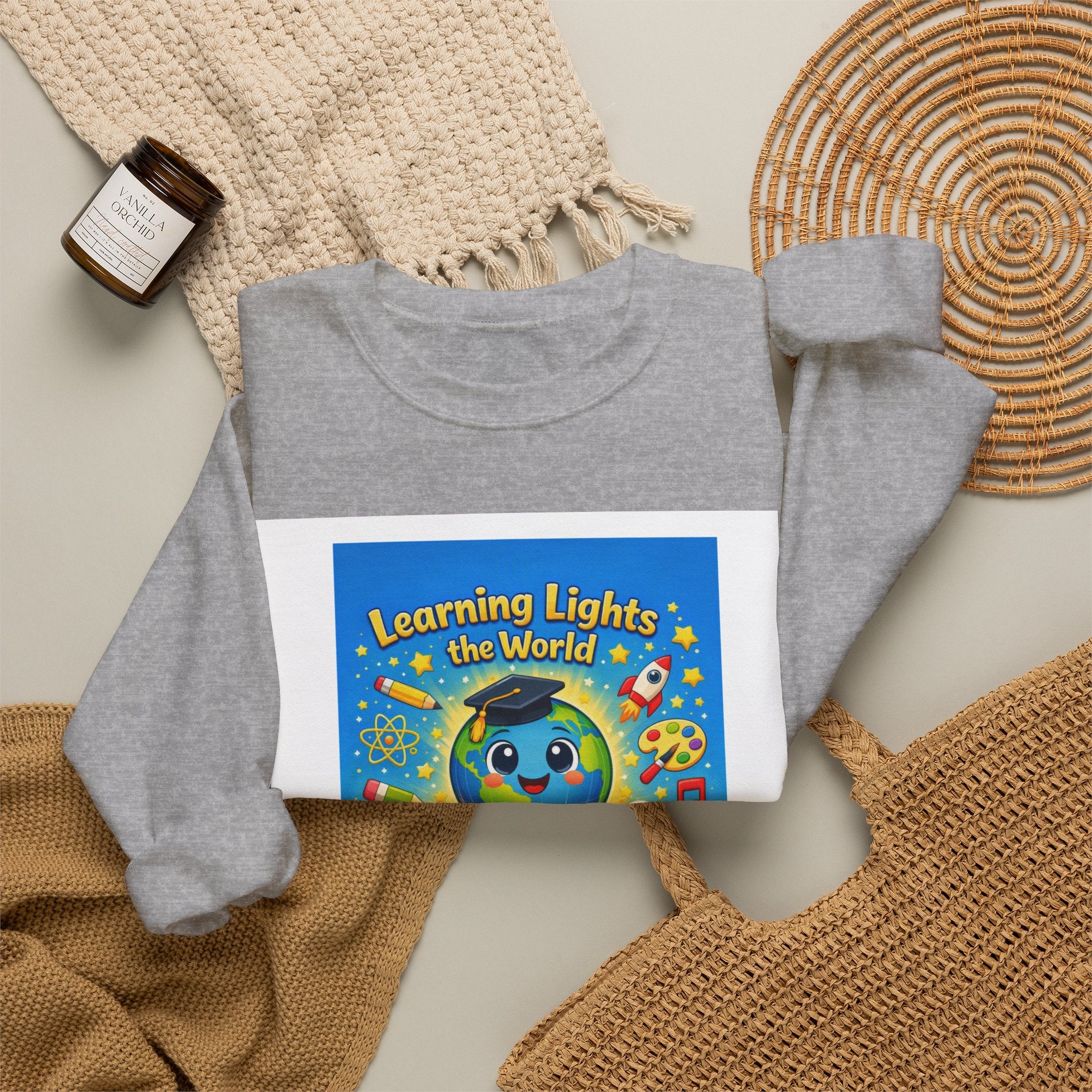 Crewneck Sweatshirt — "Learning Lights the World" Cute Graduation Earth Character Kids Educator Gift