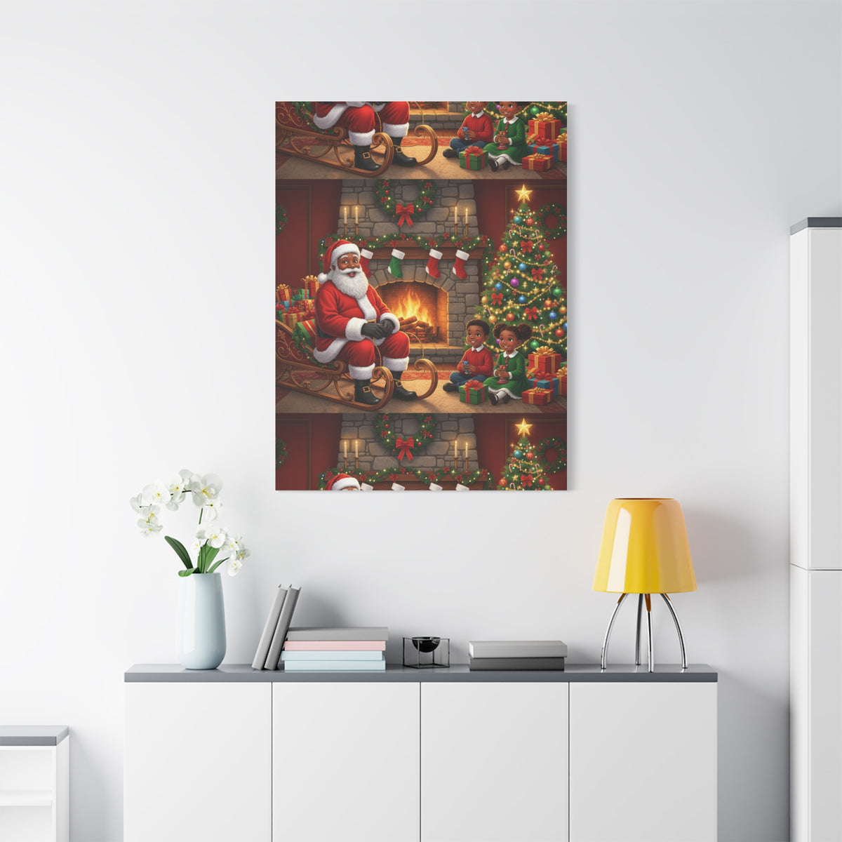 Christmas Santa Visit Canvas — Kids by the Fireplace Holiday Wall Art