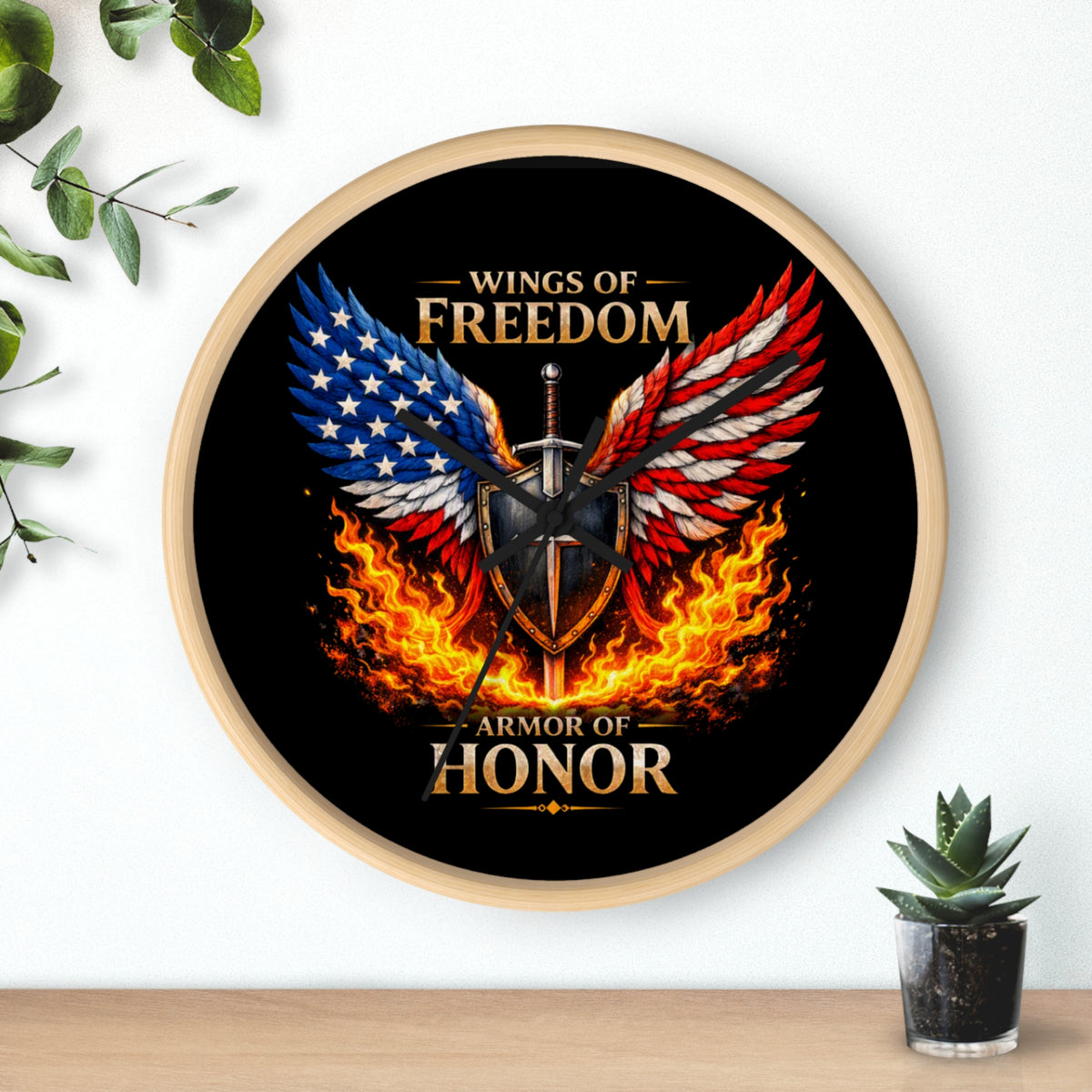 Wall Clock — Wings of Freedom Armor of Honor Patriotic American Eagle Flame Clock