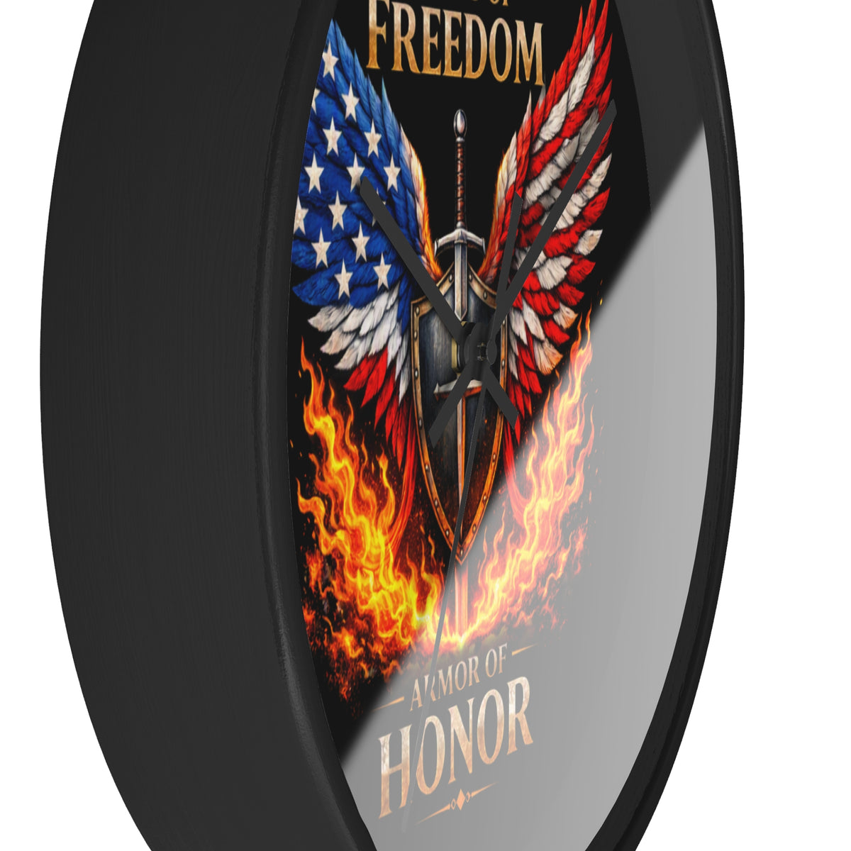 Wall Clock — Wings of Freedom Armor of Honor Patriotic American Eagle Flame Clock