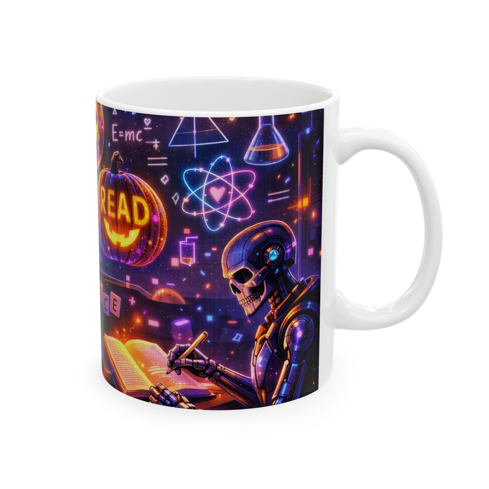 Halloween Science Pumpkin Mug — Glowing STEM & Read Lab Ceramic Coffee Cup (11oz/15oz)