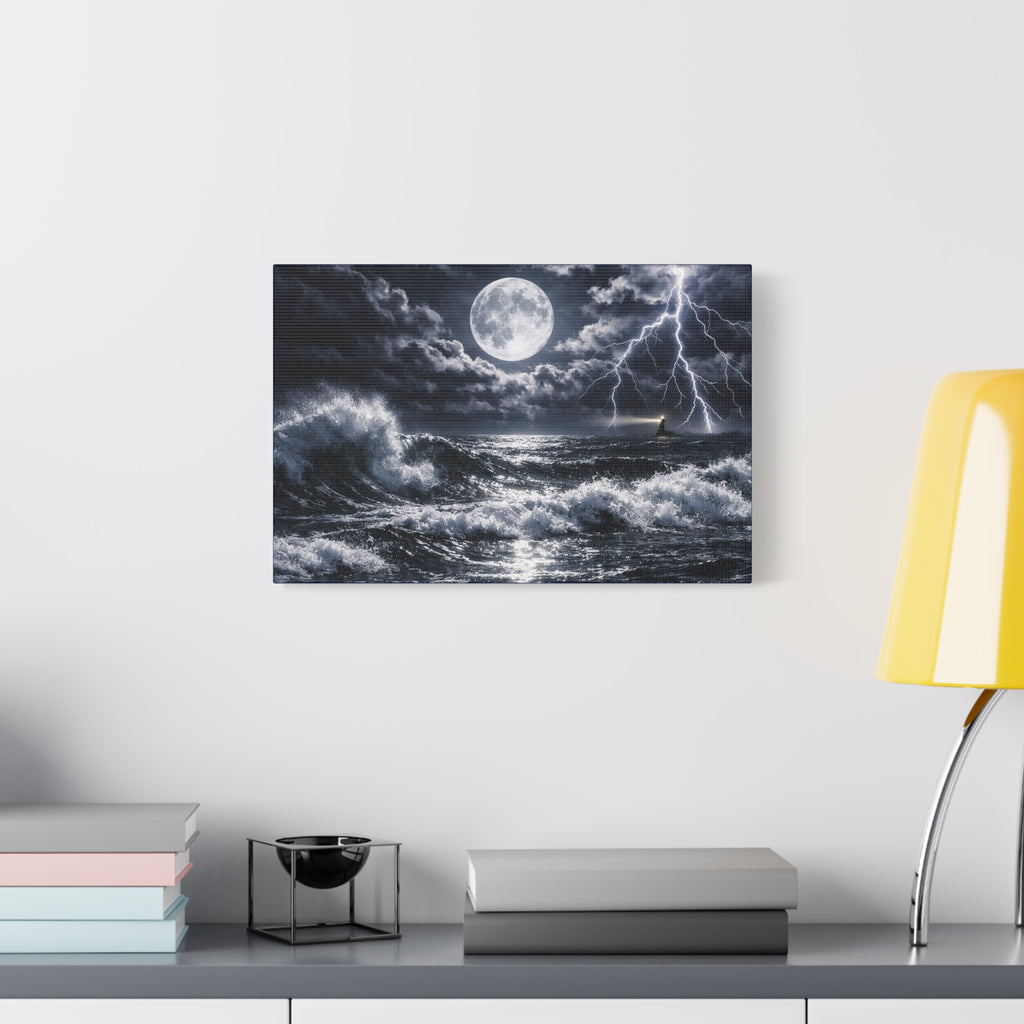 Stormy Moonlit Ocean Canvas Print — Dramatic Lighthouse Wall Art