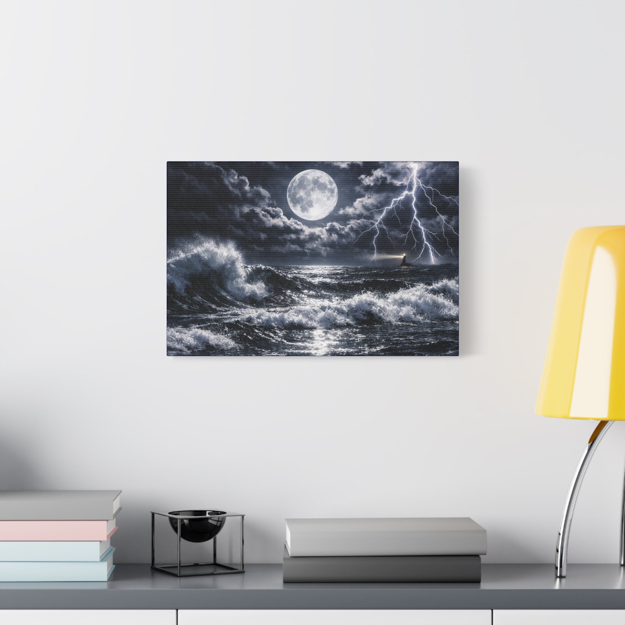 Stormy Moonlit Ocean Canvas Print — Dramatic Lighthouse Wall Art