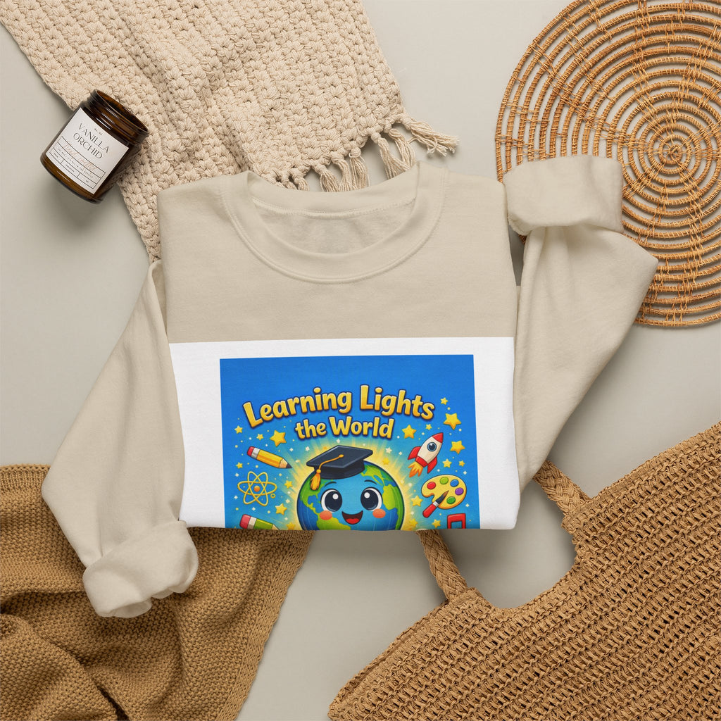 Crewneck Sweatshirt — "Learning Lights the World" Cute Graduation Earth Character Kids Educator Gift
