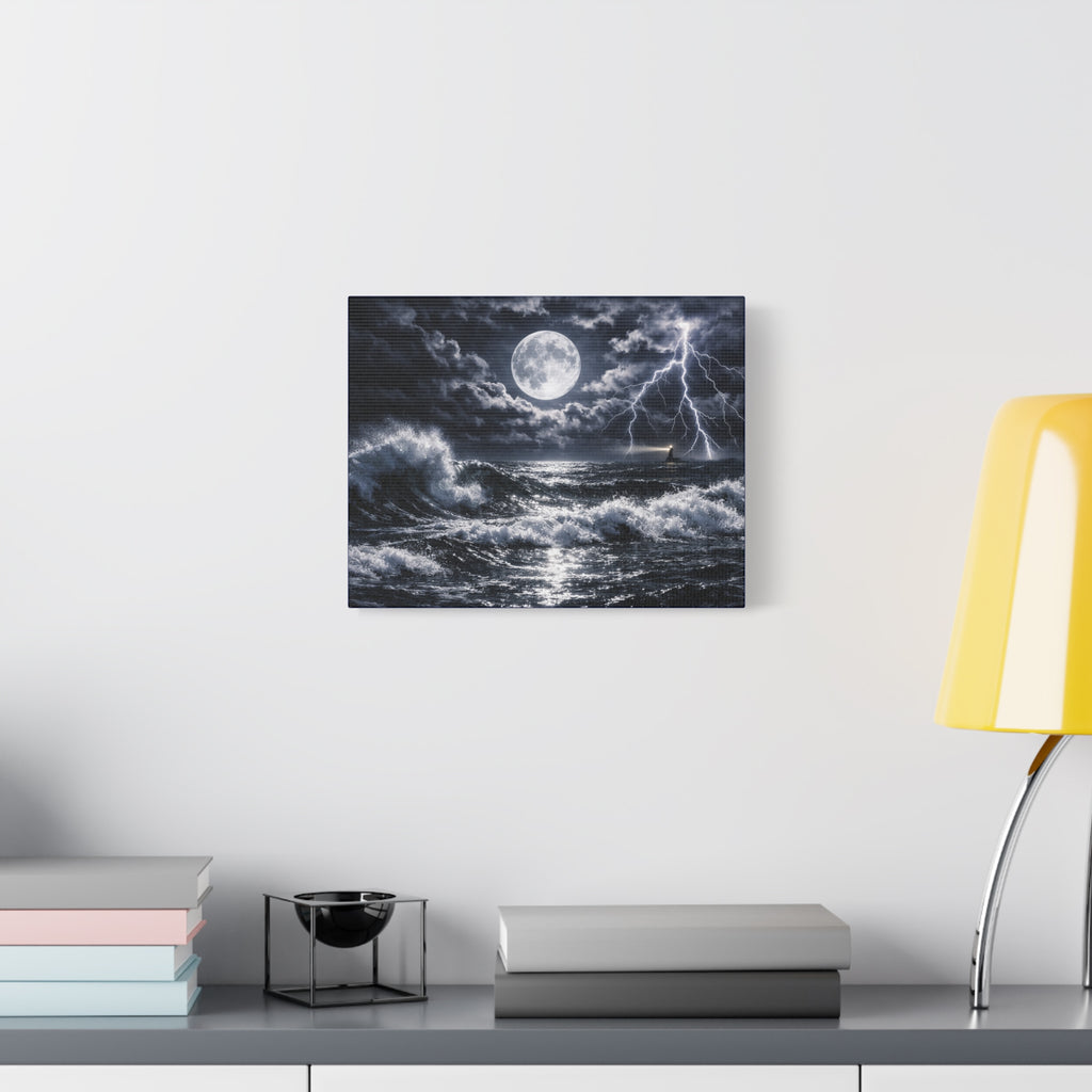 Stormy Moonlit Ocean Canvas Print — Dramatic Lighthouse Wall Art