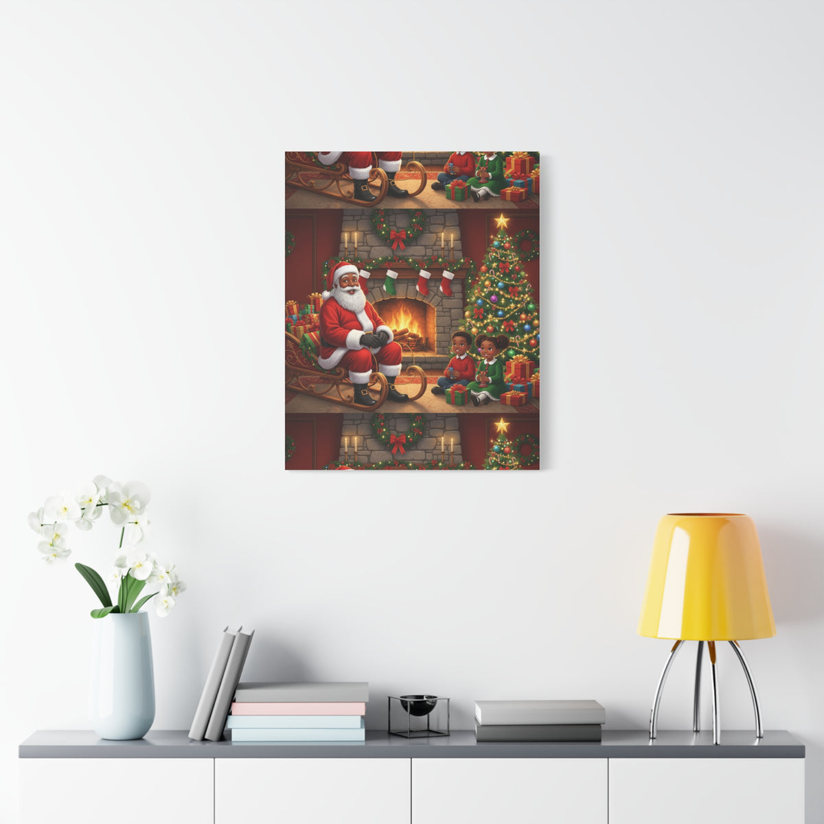 Christmas Santa Visit Canvas — Kids by the Fireplace Holiday Wall Art