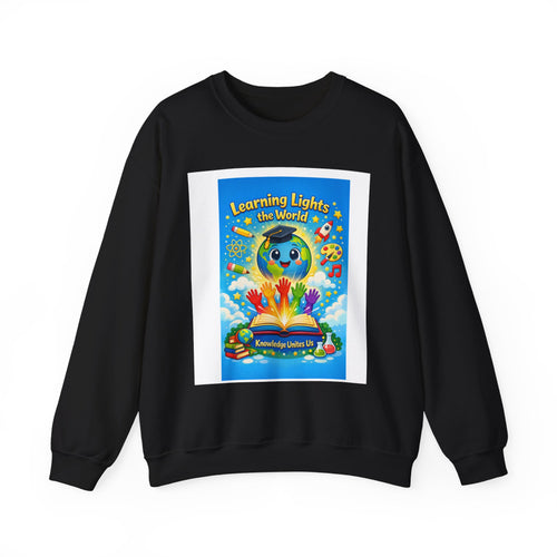 Crewneck Sweatshirt — "Learning Lights the World" Cute Graduation Earth Character Kids Educator Gift