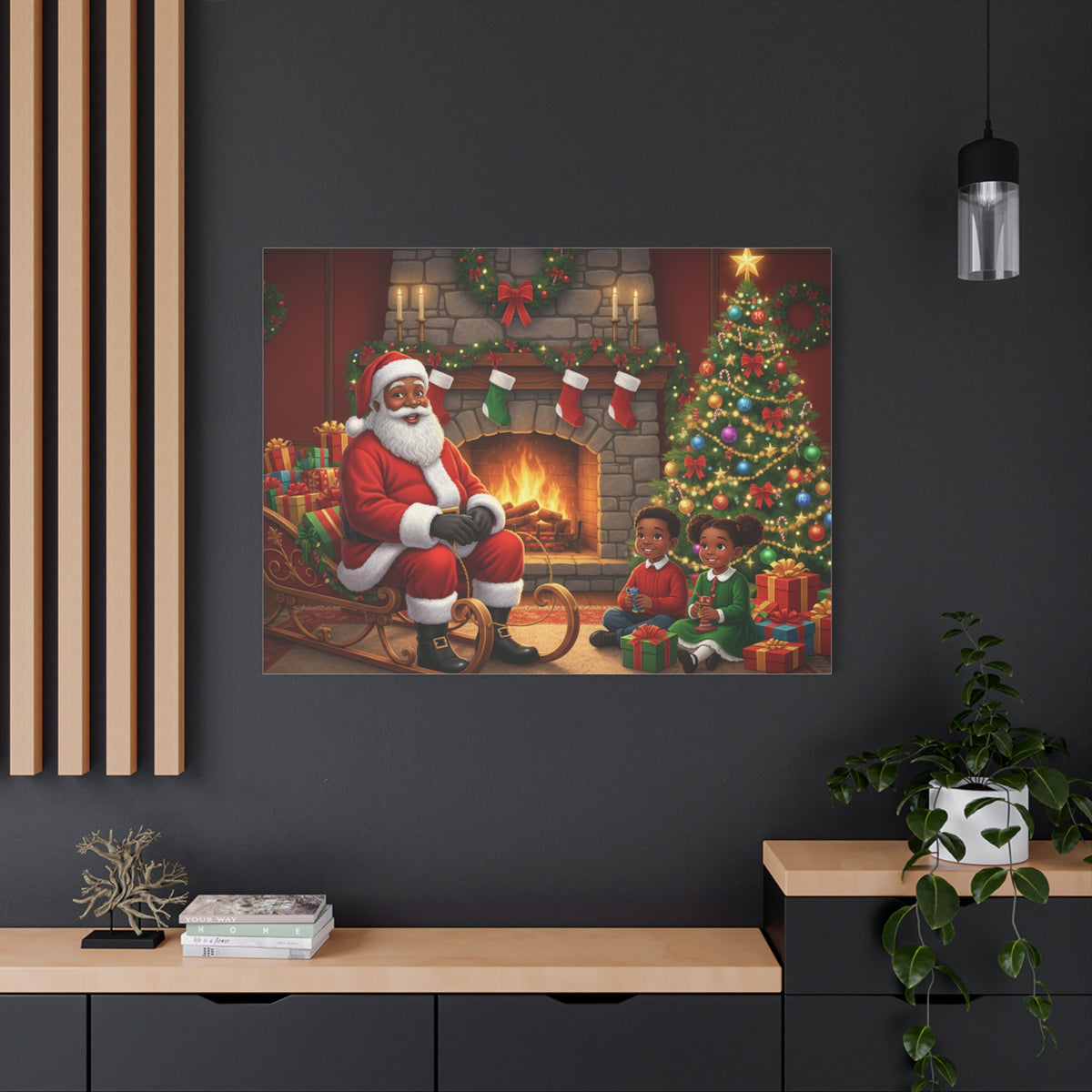 Christmas Santa Visit Canvas — Kids by the Fireplace Holiday Wall Art