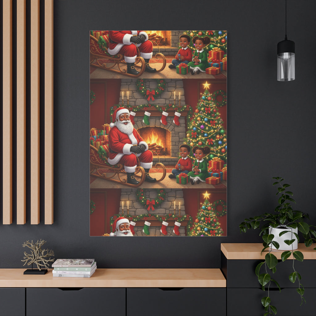 Christmas Santa Visit Canvas — Kids by the Fireplace Holiday Wall Art