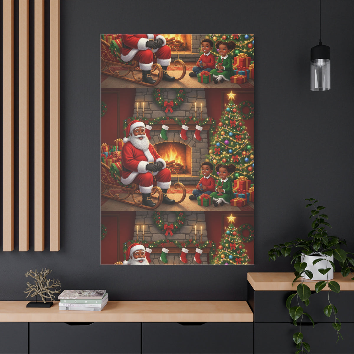 Christmas Santa Visit Canvas — Kids by the Fireplace Holiday Wall Art