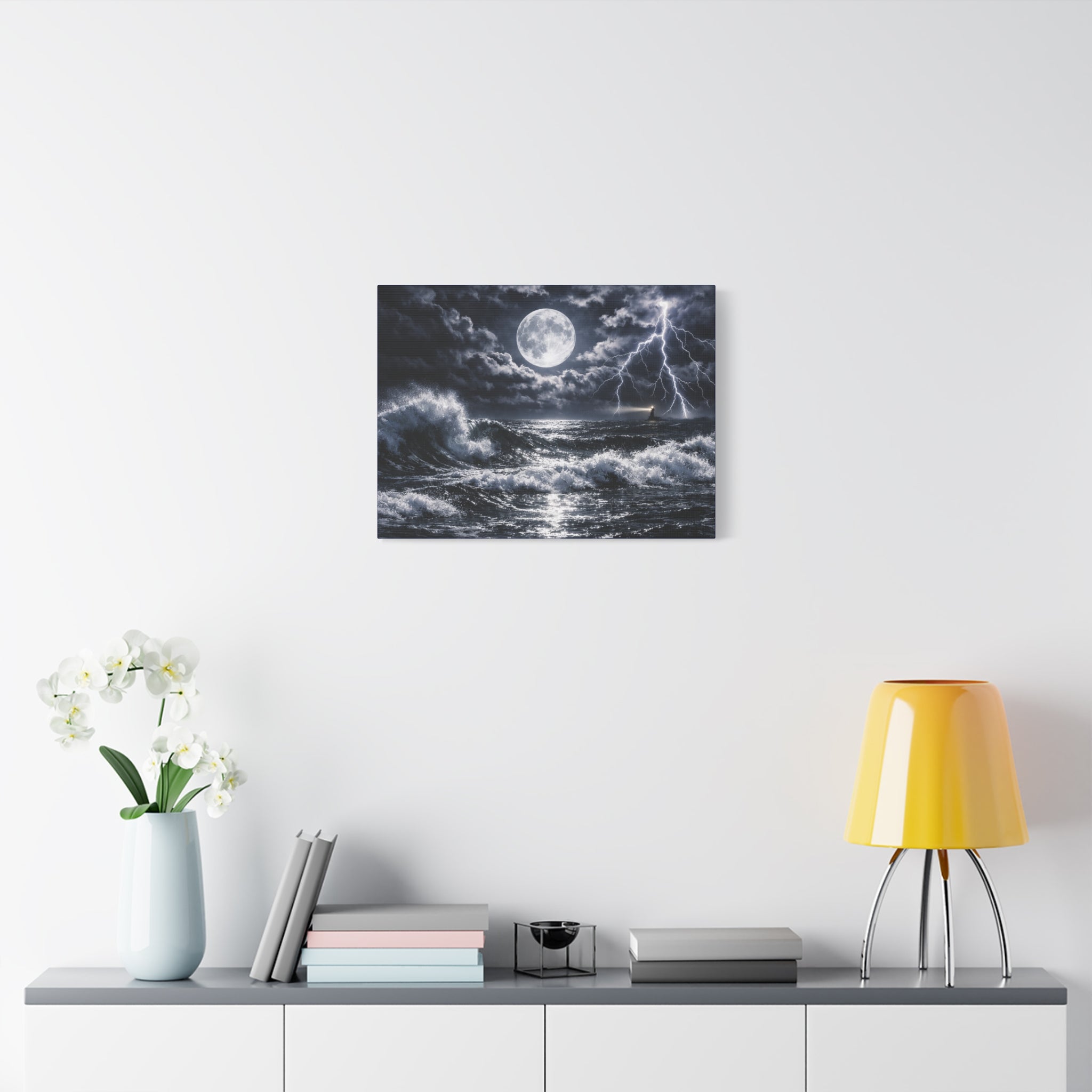 Stormy Moonlit Ocean Canvas Print — Dramatic Lighthouse Wall Art