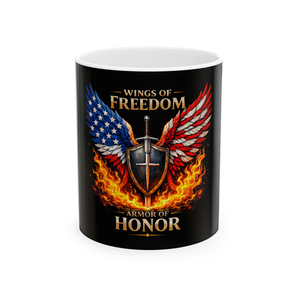 Wings of Freedom Ceramic Mug — "Armor of Honor" Patriotic USA Eagle & Shield Coffee Cup (11oz/15oz)
