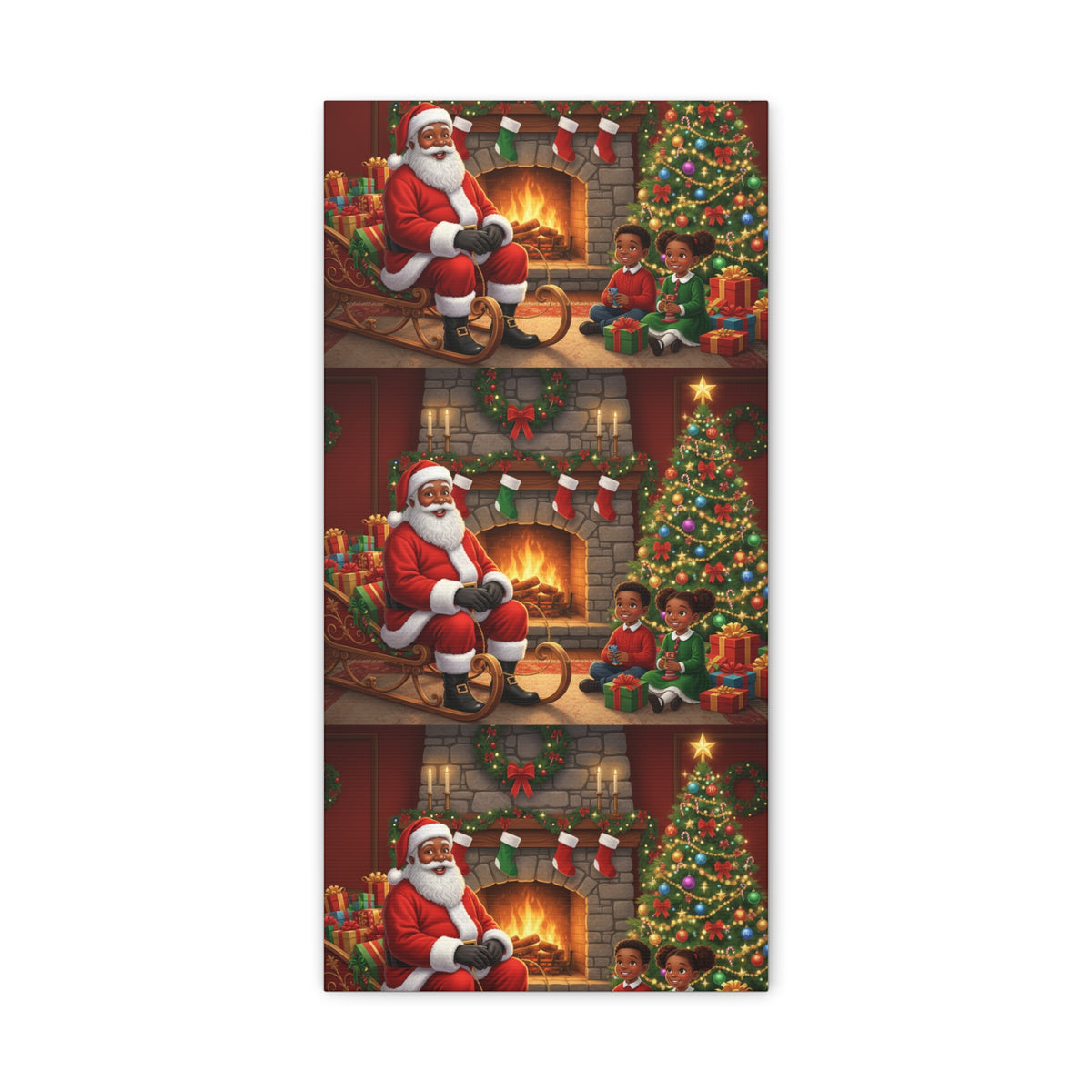 Christmas Santa Visit Canvas — Kids by the Fireplace Holiday Wall Art
