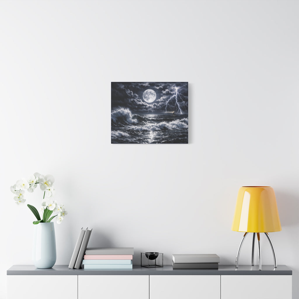 Stormy Moonlit Ocean Canvas Print — Dramatic Lighthouse Wall Art