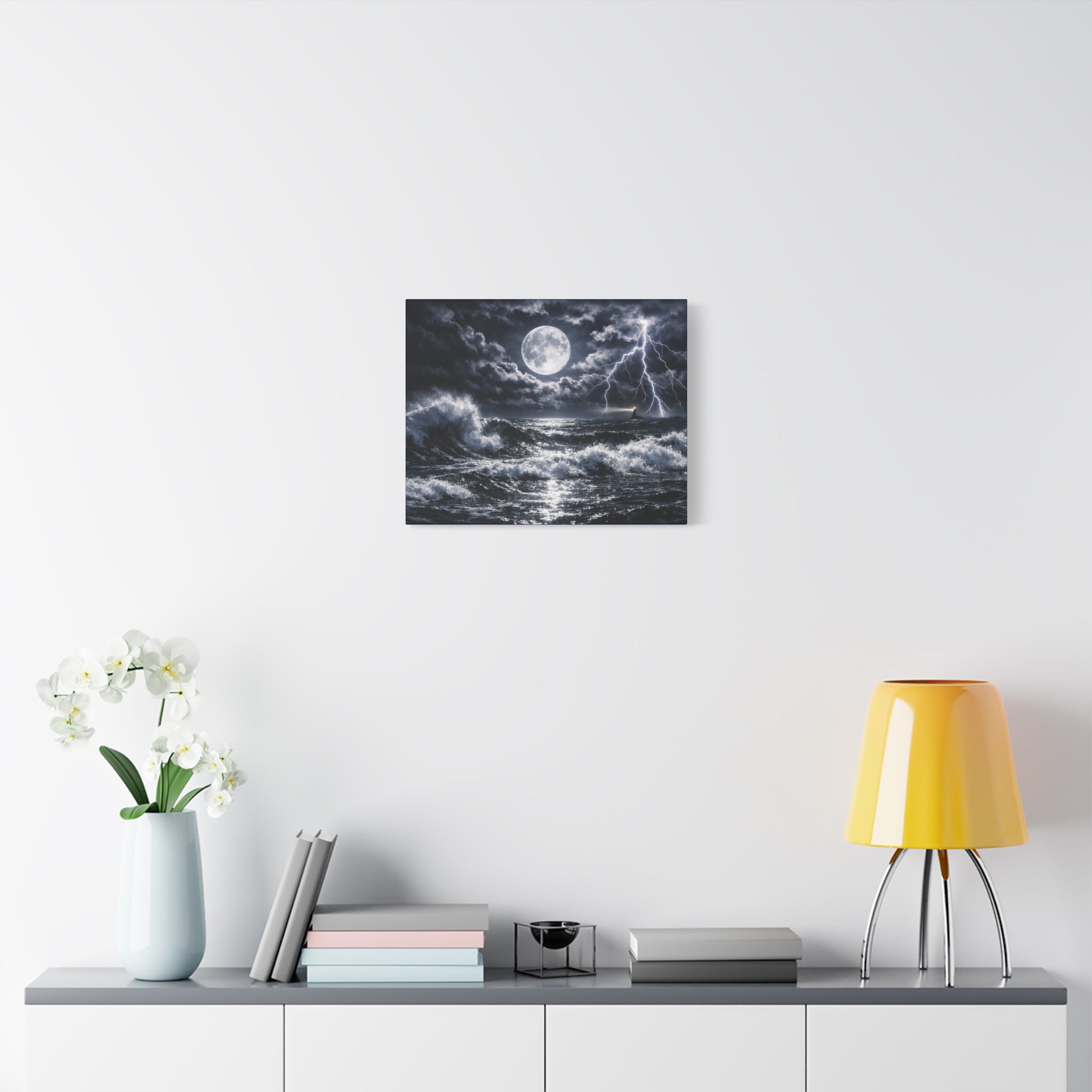 Stormy Moonlit Ocean Canvas Print — Dramatic Lighthouse Wall Art