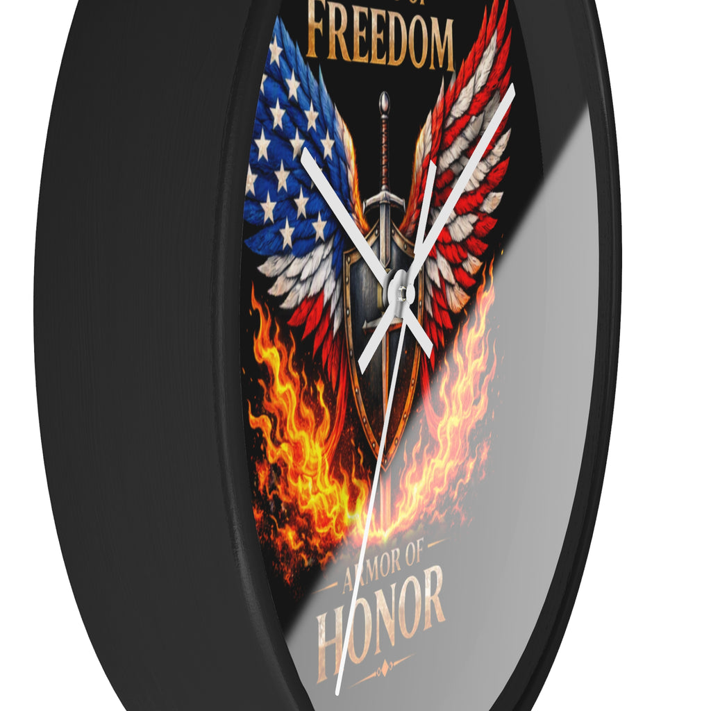 Wall Clock — Wings of Freedom Armor of Honor Patriotic American Eagle Flame Clock