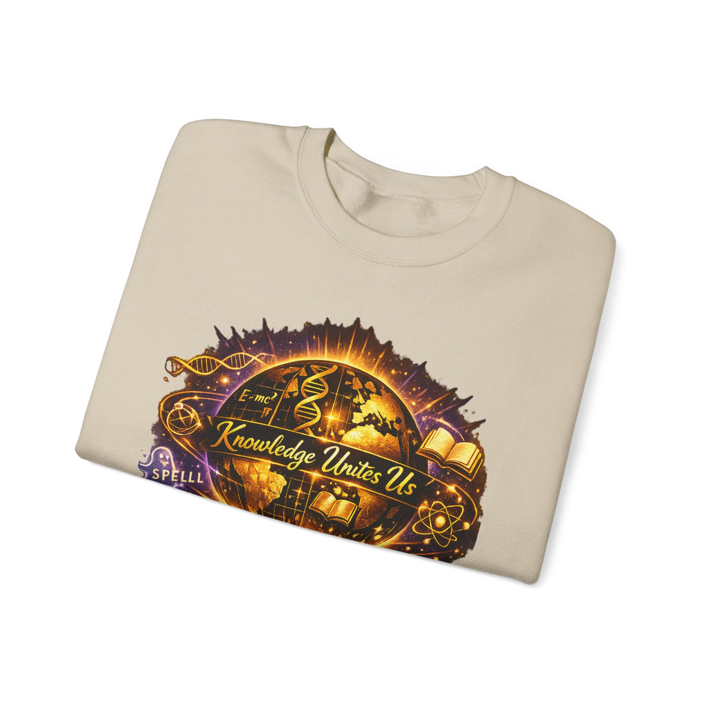 Crewneck Sweatshirt — 'Knowledge Unites Us' Cosmic Book & Community Graphic