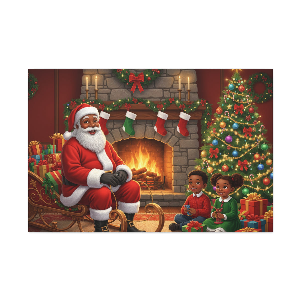 Christmas Santa Visit Canvas — Kids by the Fireplace Holiday Wall Art