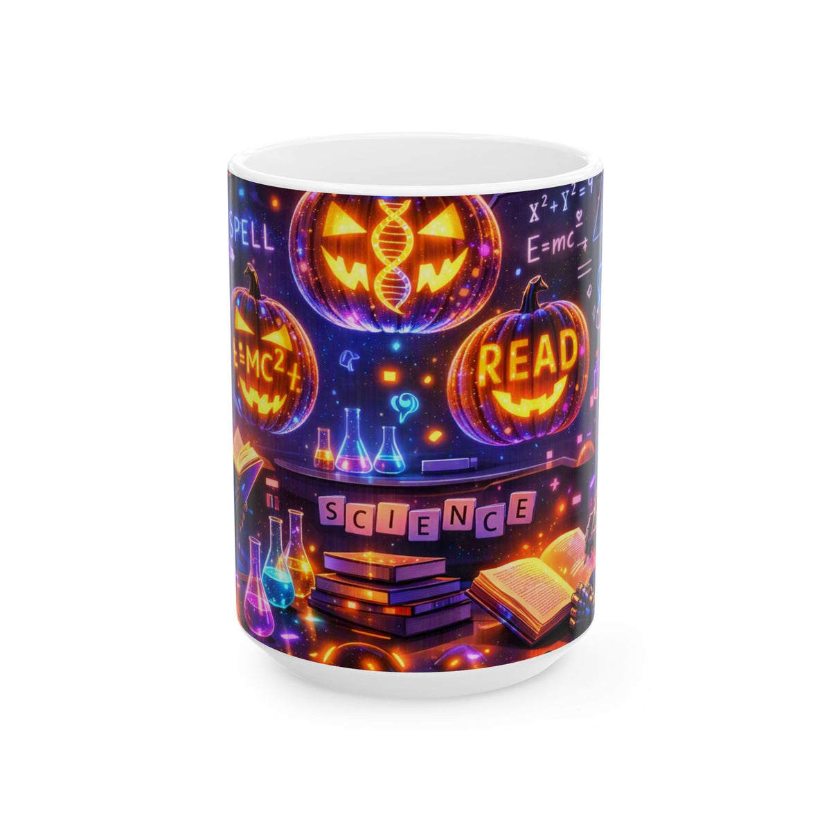 Halloween Science Pumpkin Mug — Glowing STEM & Read Lab Ceramic Coffee Cup (11oz/15oz)