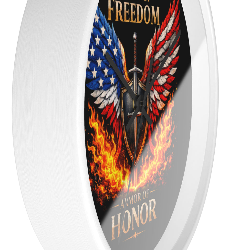 Wall Clock — Wings of Freedom Armor of Honor Patriotic American Eagle Flame Clock