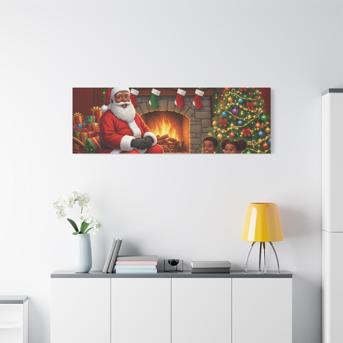 Christmas Santa Visit Canvas — Kids by the Fireplace Holiday Wall Art